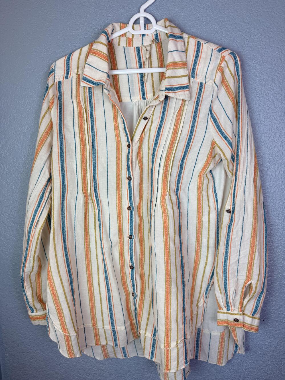 Aratta Silent Journey Shirt Womens Medium Striped Embroidered Floral Tunic Boho